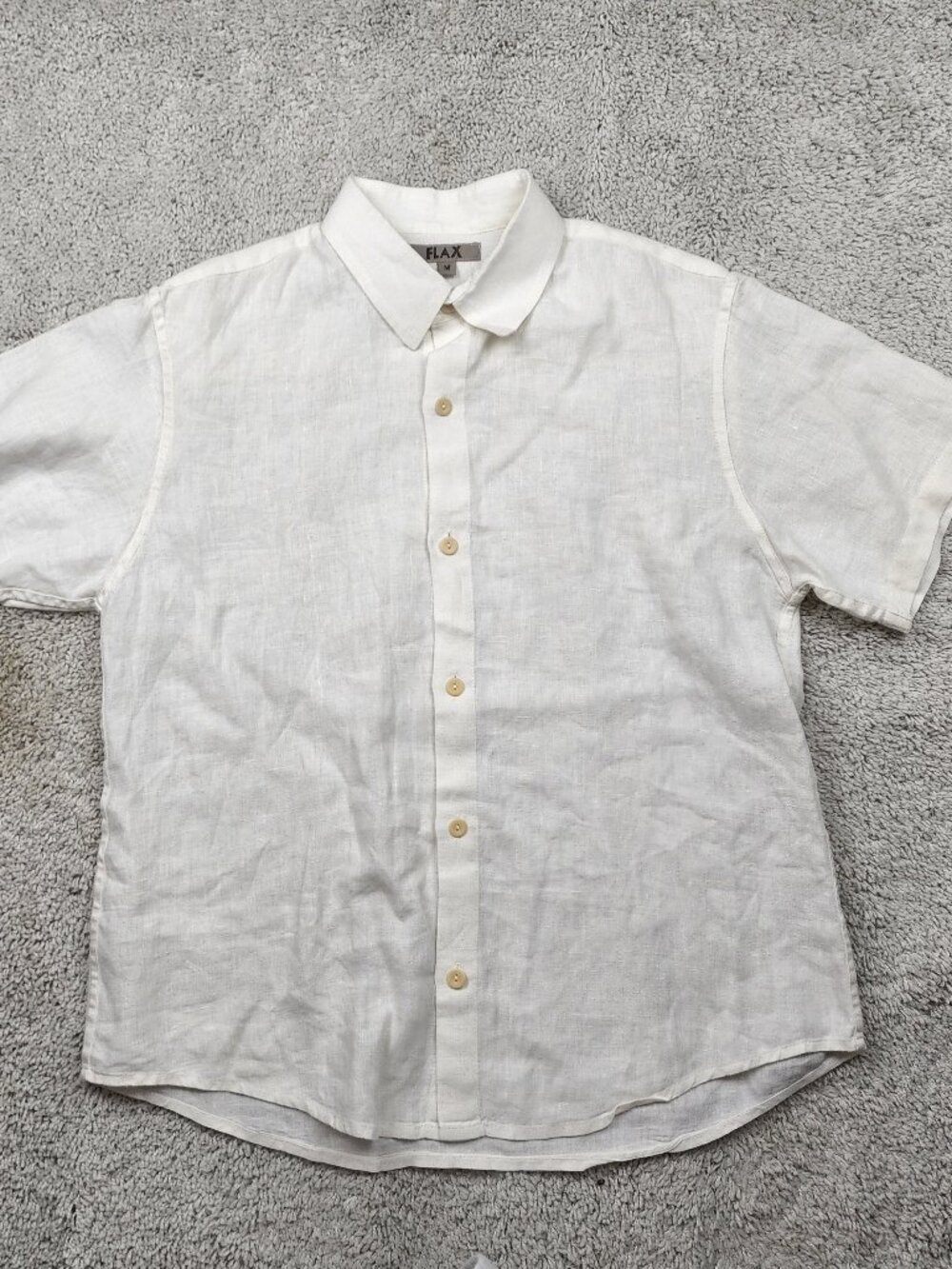 FLAX Men's Linen Sleeve Button Shirt Ivory Size MediuM M  Lightweight Casual USA
